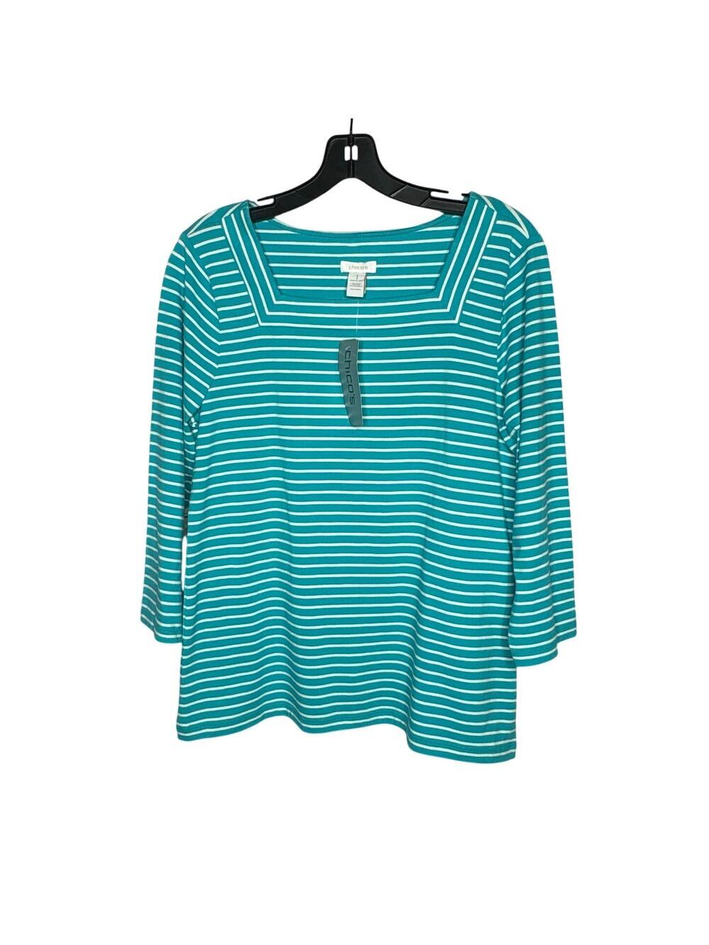 Chicos Nautical Striped Pima Cotton Preppy Coastal Square Neck Top Size 8 New